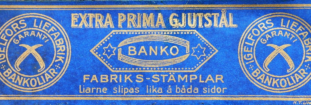 One of the labels on a Banko scythe blade by Igelfors Liefabrik of Sweden